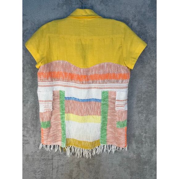 VTG David Warren Linen Blouse Medium Tapestry Fringe Tropical Summer - Picture 5 of 8